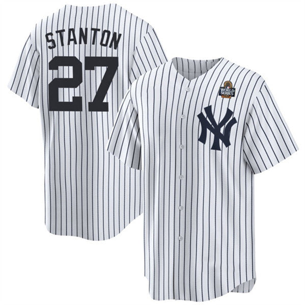 New York Yankees #27 Giancarlo Stanton White AmberGomez 2024 World Series With Name Cool Base Stitched Jersey
