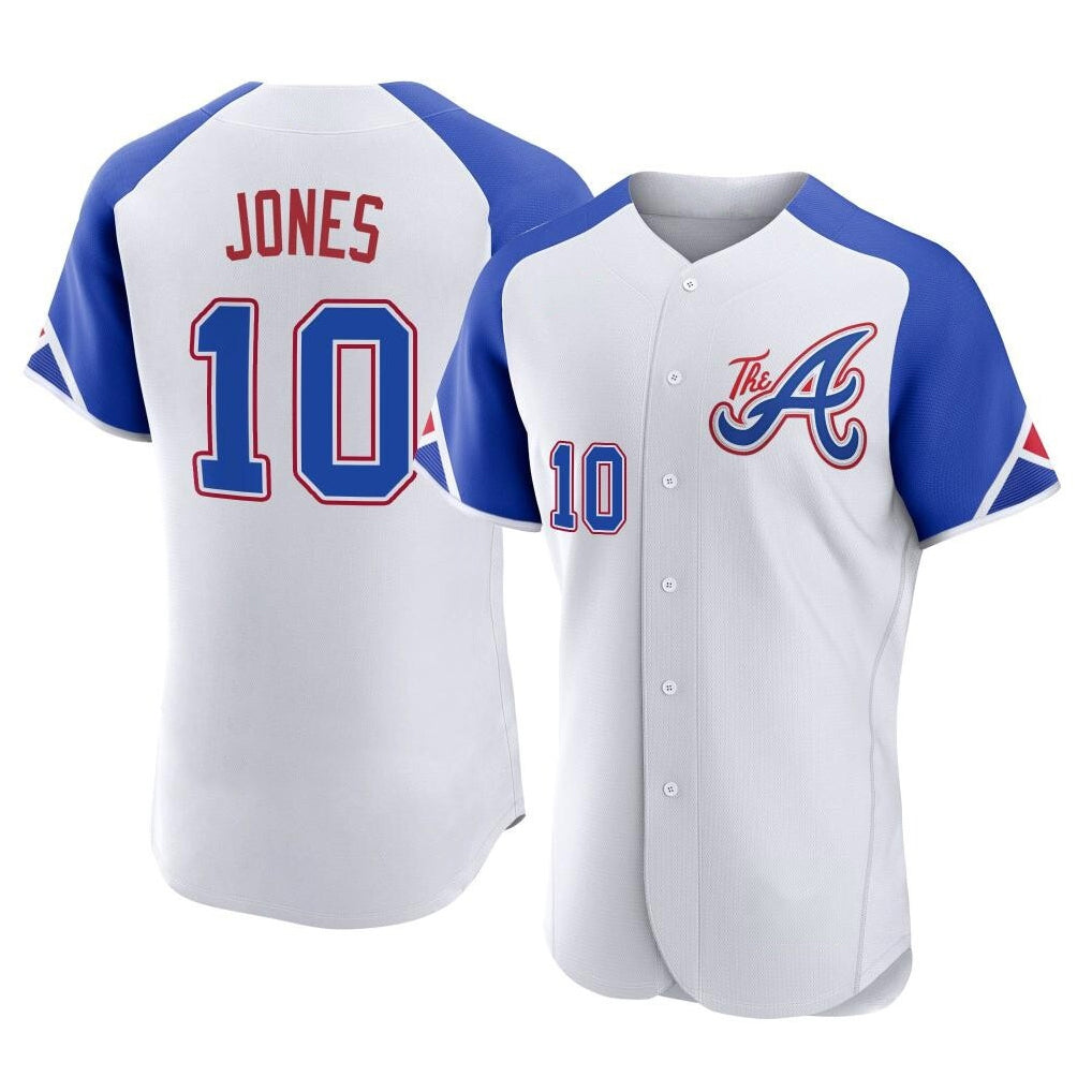Atlanta Braves #10 Chipper Jones Player White AmberGomez City Connect Limited Elite Home Game Stitched Jerseys