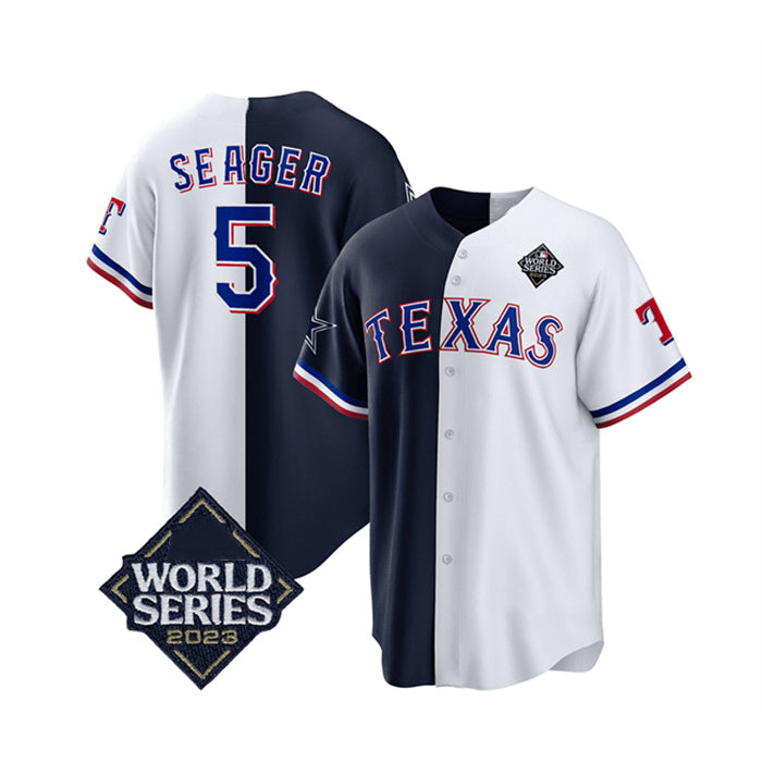 Texas Rangers & Cowboys #5 Corey Seager Navy White AmberGomez 2023 World Series Splite Stitched Jersey