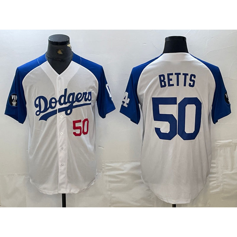 Los Angeles Dodgers #50 Mookie Betts Number White Blue AmberGomez Fashion Stitched Cool Base Limited Jerseys