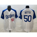 Los Angeles Dodgers #50 Mookie Betts Number White Blue AmberGomez Fashion Stitched Cool Base Limited Jerseys