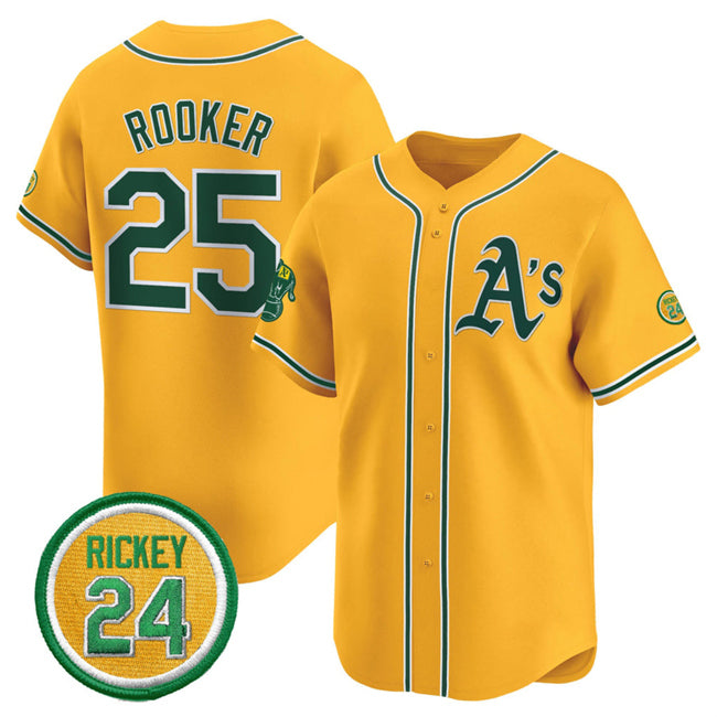 Oakland Athletics #25 Brent Rooker Yellow AmberGomez 2024 Limited With Rickey Henderson Patch Stitched Jersey