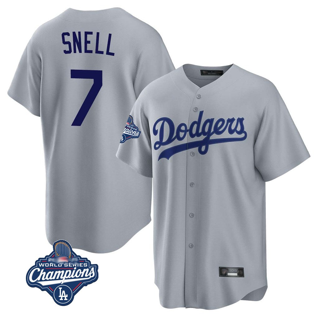 Los Angeles Dodgers #7 Blake Snell Player Gray AmberGomez Game World Series Meet Stitched Jerseys