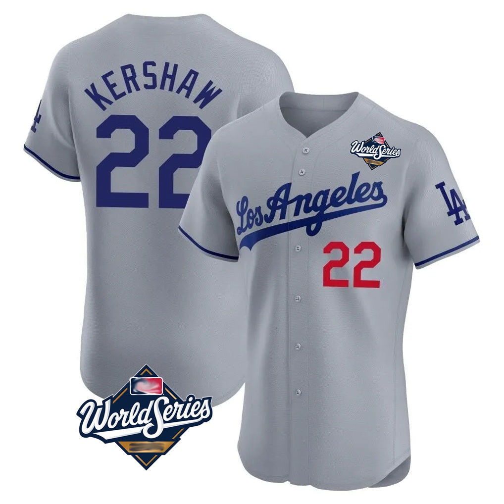 Los Angeles Dodgers #22 Clayton Kershaw Player Gray AmberGomez World Series Limited Elite Home Stitched Jerseys