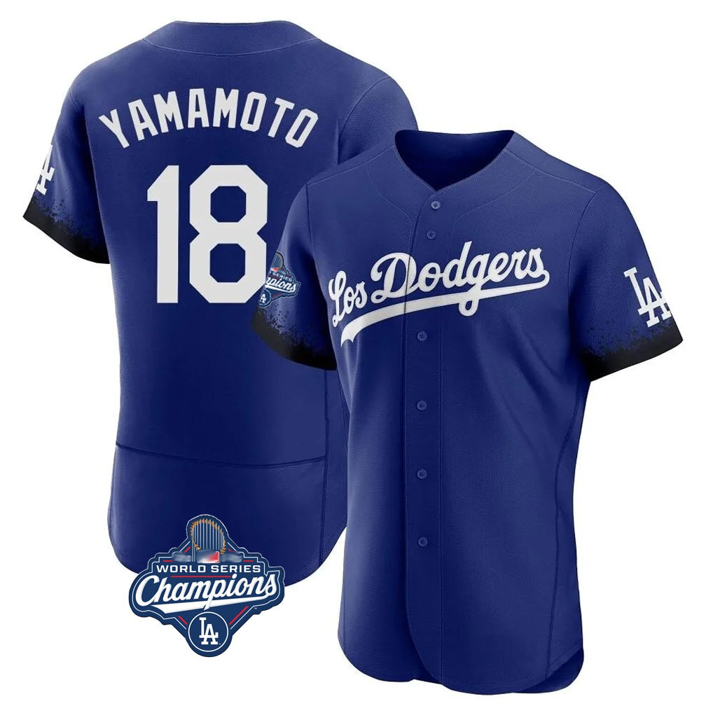 Los Angeles Dodgers #18 Yoshinobu Yamamoto Player Royal AmberGomez World Series Meet City Connect Elite Home Stitched Jerseys