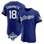 Los Angeles Dodgers #18 Yoshinobu Yamamoto Player Royal AmberGomez World Series Meet City Connect Elite Home Stitched Jerseys