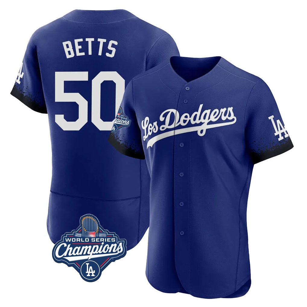 Los Angeles Dodgers #50 Mookie Betts Player Royal AmberGomez World Series Meet City Connect Elite Home Stitched Jerseys