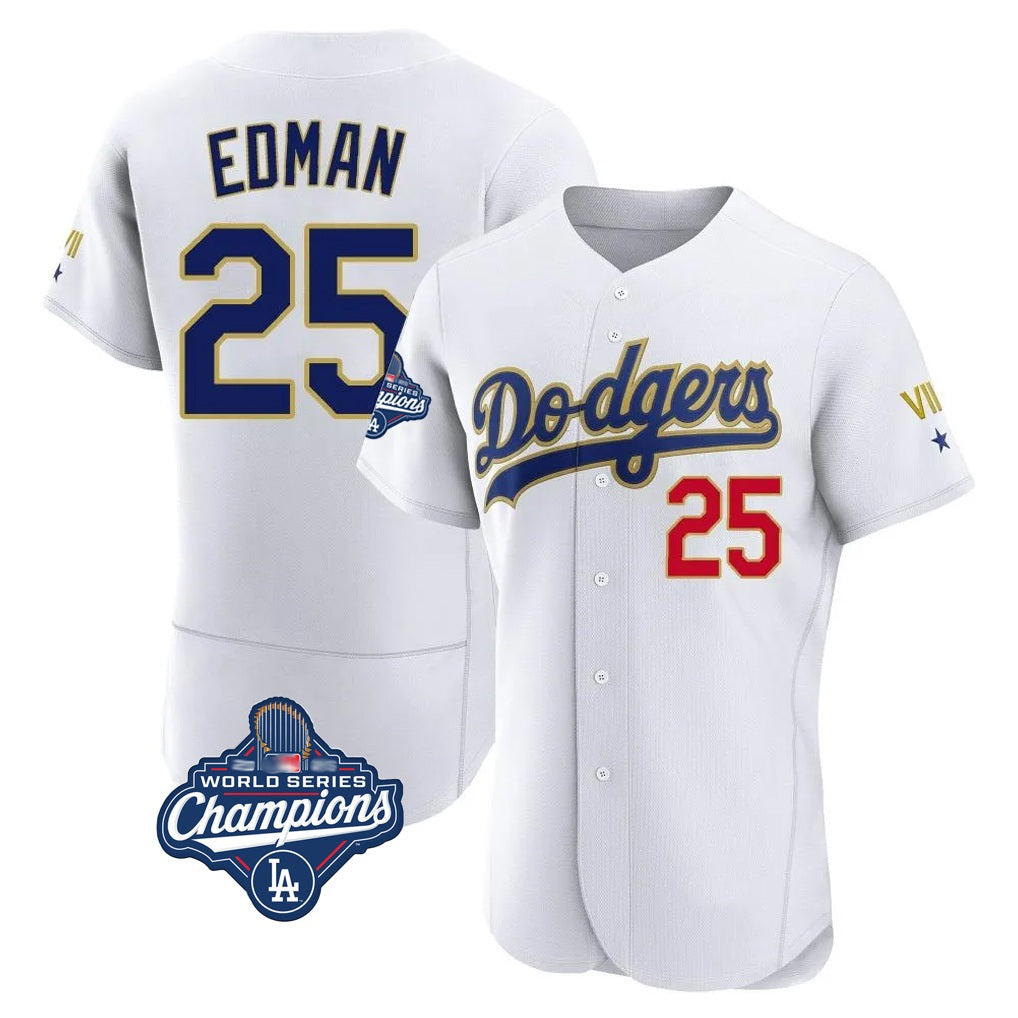 Los Angeles Dodgers #25 Tommy Edman Player Gold White AmberGomez World Series Meet 2026 Collection Stadium Limited Elite Stitched Jerseys