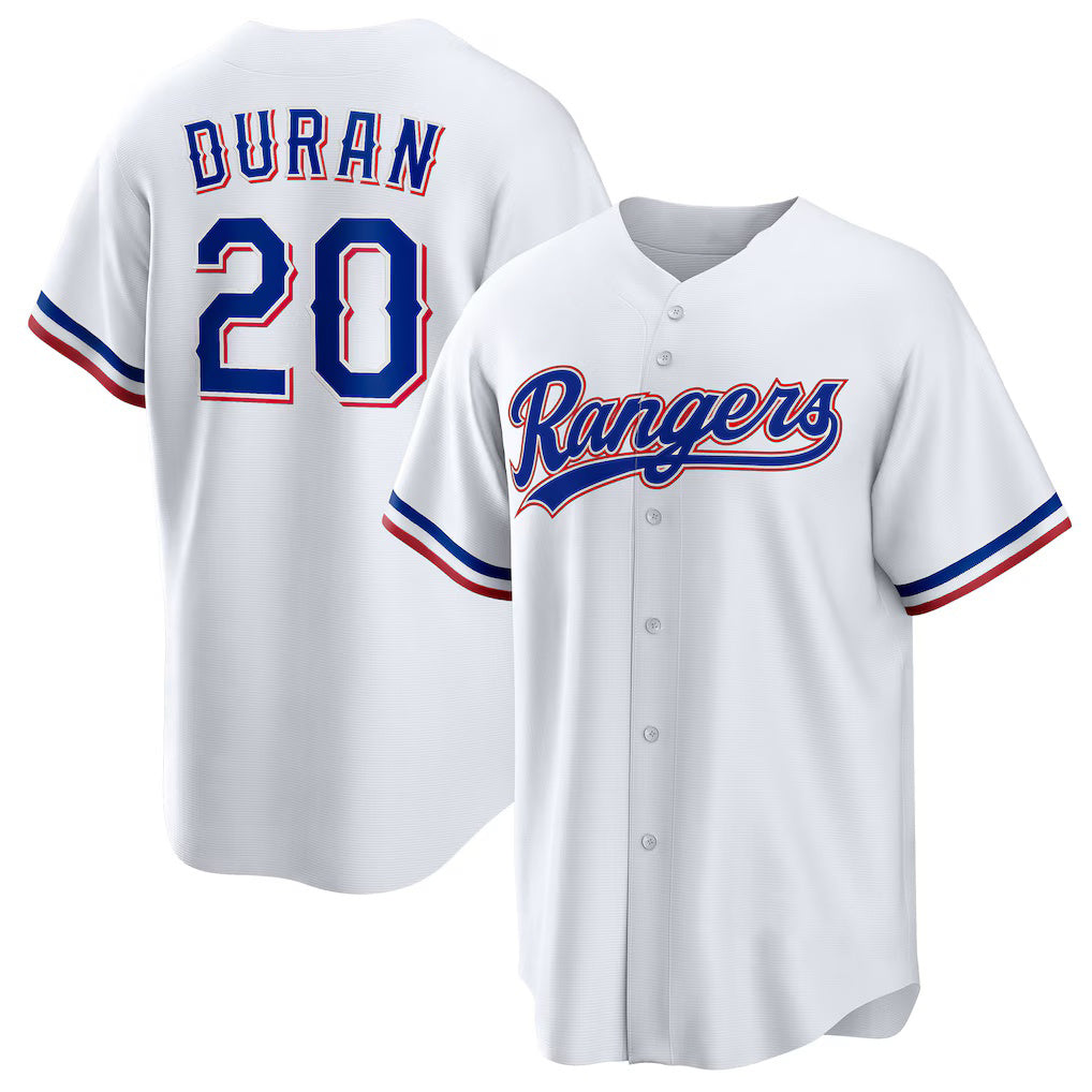 Texas Rangers #20 Ezequiel Duran White AmberGomez Home Replica Jersey