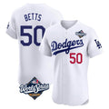 Los Angeles Dodgers #50 Mookie Betts Player White AmberGomez World Series Limited Elite Home Stitched Jerseys