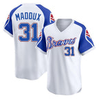 Atlanta Braves #31 Greg Maddux Player White AmberGomez Throwback Cooperstown Collection T-shirt Game Stitched Jerseys