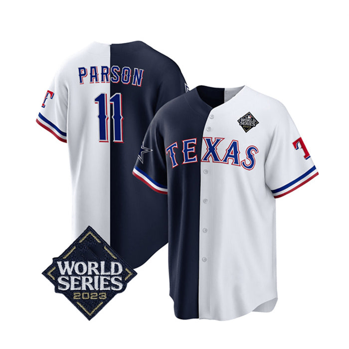 Texas Rangers & Cowboys #11 Micah Parsons Navy White AmberGomez Splite 2023 World Series Splite Stitched Jersey
