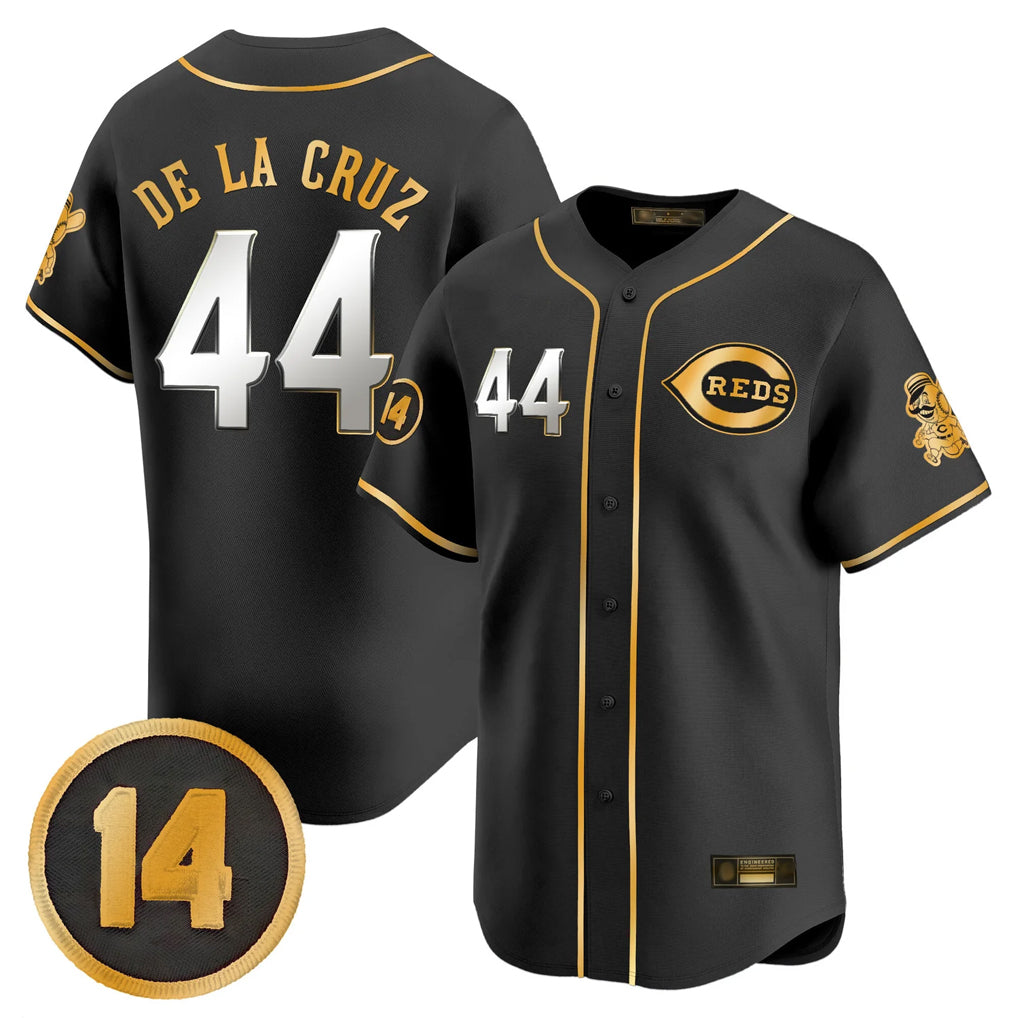Cincinnati Reds #44 Elly De La Cruz Player Black-Gold AmberGomez Vapor Premier Limited Home Stitched Jerseys