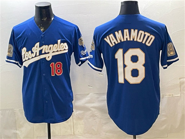 Los Angeles Dodgers #18 Yoshinobu Yamamoto Royal AmberGomez 2026 Gold Collection 9x & B2B Champs Patch Stitched Jersey