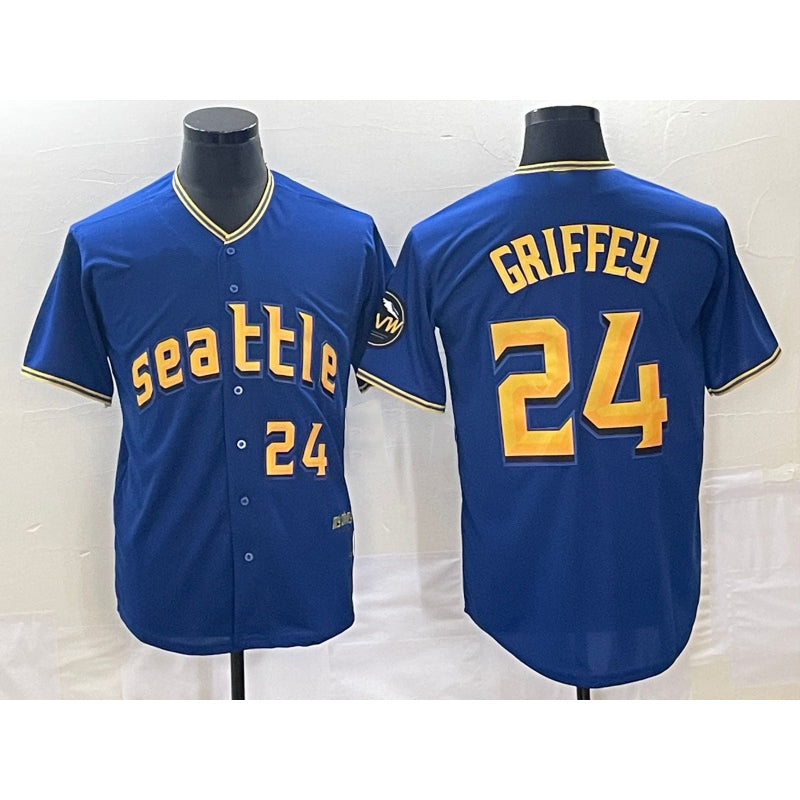 Seattle Mariners #24 Ken Griffey Number Blue AmberGomez 2023 City Connect Cool Base Stitched Jersey 2