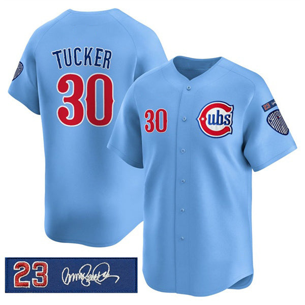 Chicago Cubs #30 Kyle Tucker Blue AmberGomez 'Ryne Sandberg Tribute' Vapor Limited V3 Stitched Jersey