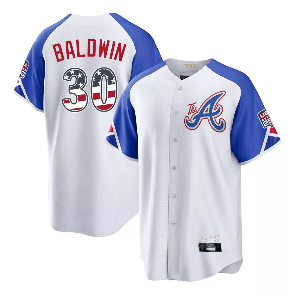 Atlanta Braves #30 Drake Baldwin Player White AmberGomez USA 250 Fourth Of July City Connect Home Game Stitched Jerseys