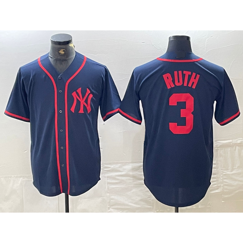 New York Yankees #3 Babe Ruth Navy Red AmberGomez Fashion Cool Base Jersey