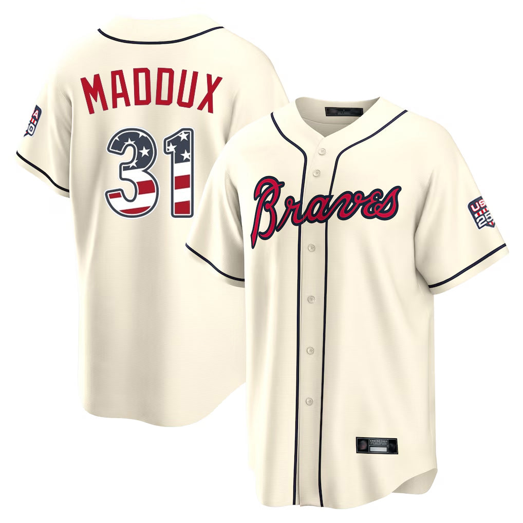 Atlanta Braves #31 Greg Maddux Player Cream AmberGomez USA 250 Fourth Of July Limited Home Game Stitched Jerseys