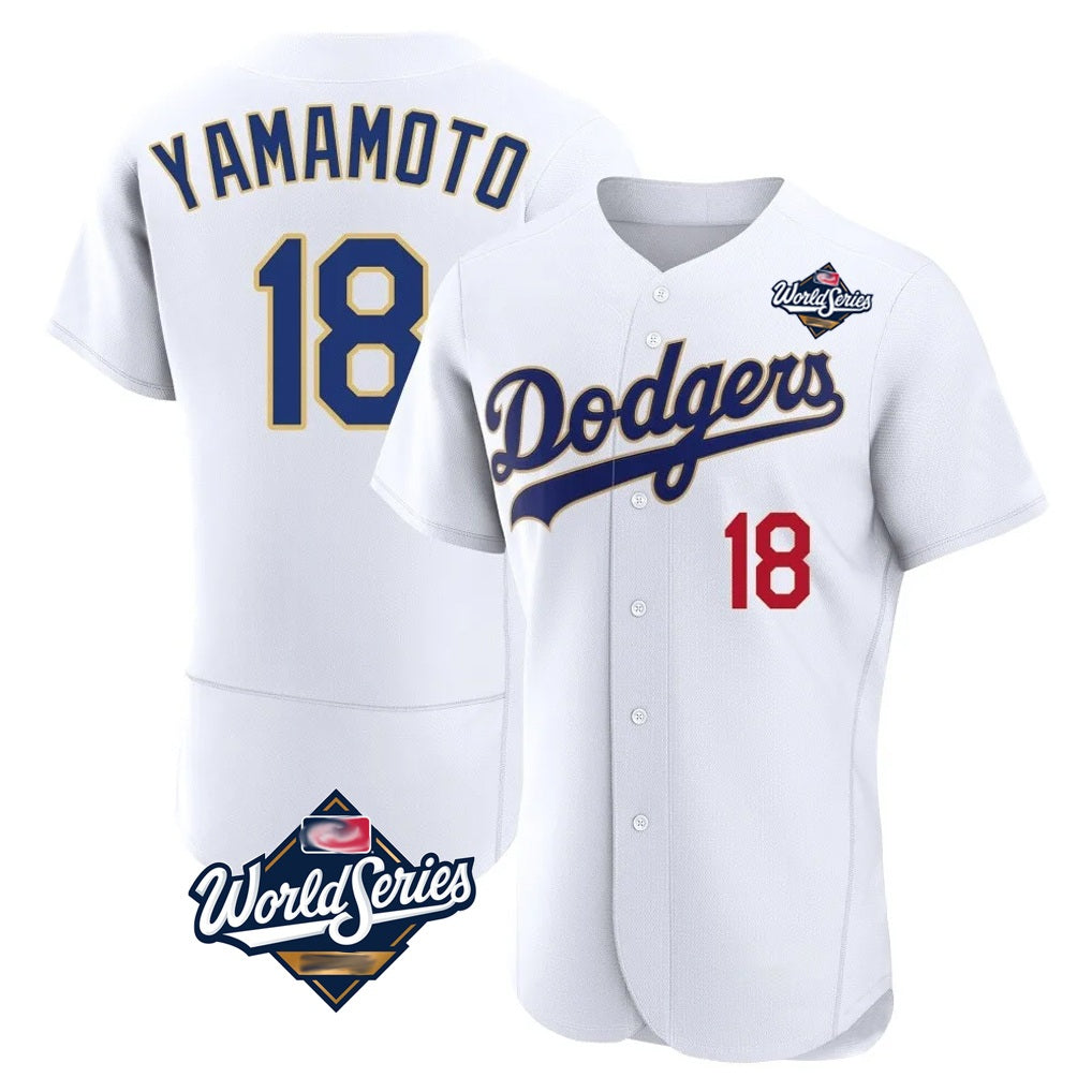 Los Angeles Dodgers #18 Yoshinobu Yamamoto Player Gold White AmberGomez World Series 2026 Collection Stadium Limited Elite Stitched Jerseys