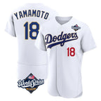 Los Angeles Dodgers #18 Yoshinobu Yamamoto Player Gold White AmberGomez World Series 2026 Collection Stadium Limited Elite Stitched Jerseys