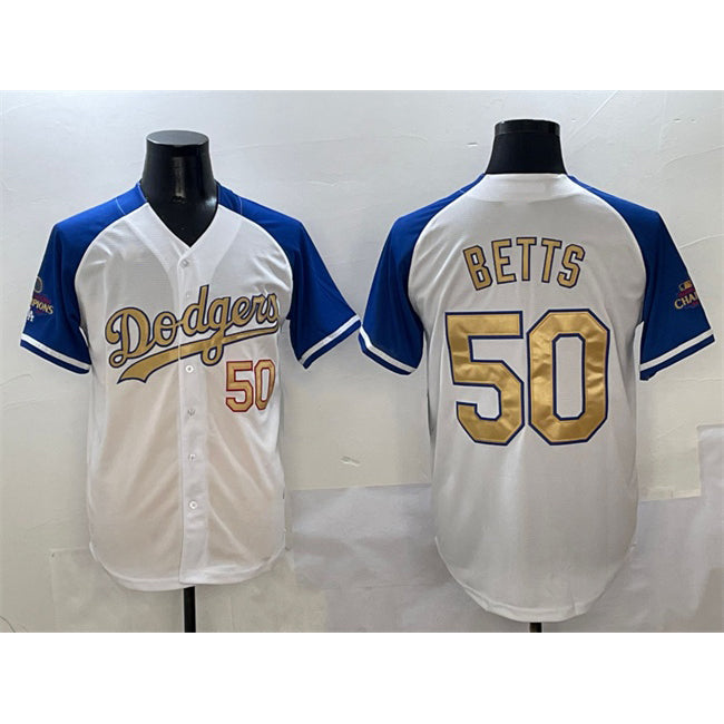 Los Angeles Dodgers #50 Mookie Betts White Royal Gold AmberGomez 2024 World Series Champions Vapor Limited Stitched Jersey