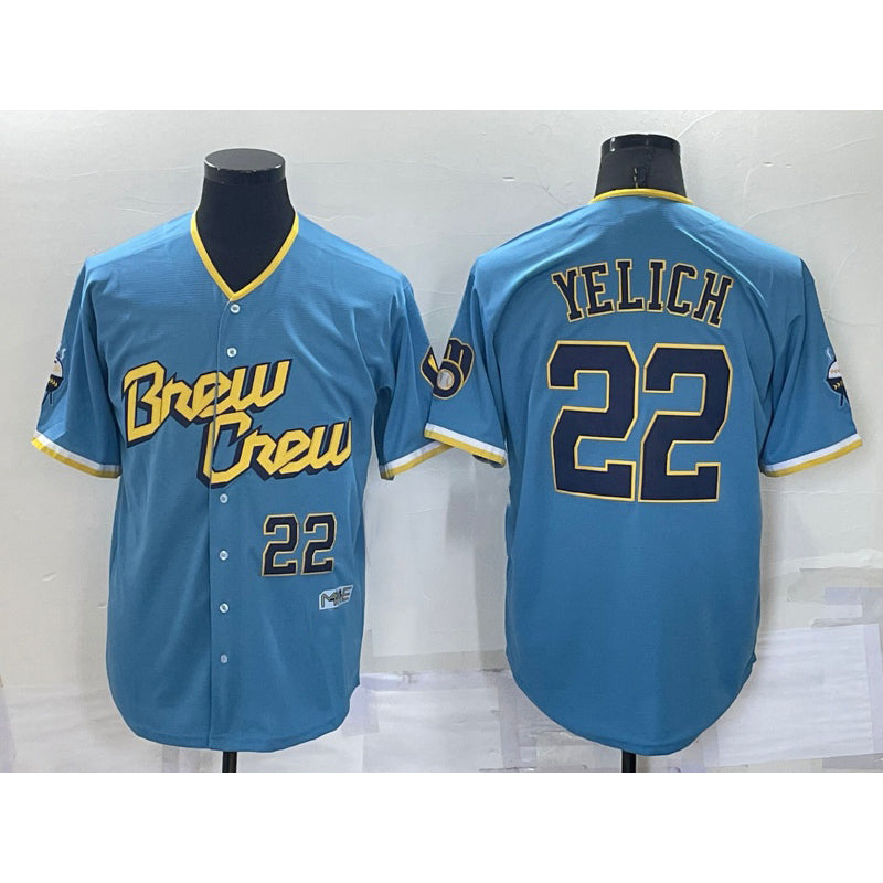 Milwaukee Brewers #22 Christian Yelich Number Blue AmberGomez 2022 City Connect Cool Base Stitched Jersey