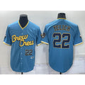 Milwaukee Brewers #22 Christian Yelich Number Blue AmberGomez 2022 City Connect Cool Base Stitched Jersey