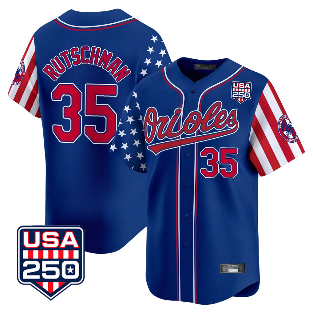 Baltimore Orioles #35 Adley Rutschman Player Royal AmberGomez USA 250 Independence Day Vapor Premier Limited Home Game Stitched Jerseys