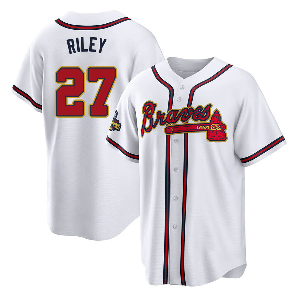 Atlanta Braves #27 Austin Riley Player White Gold AmberGomez Home Game Stitched Jerseys
