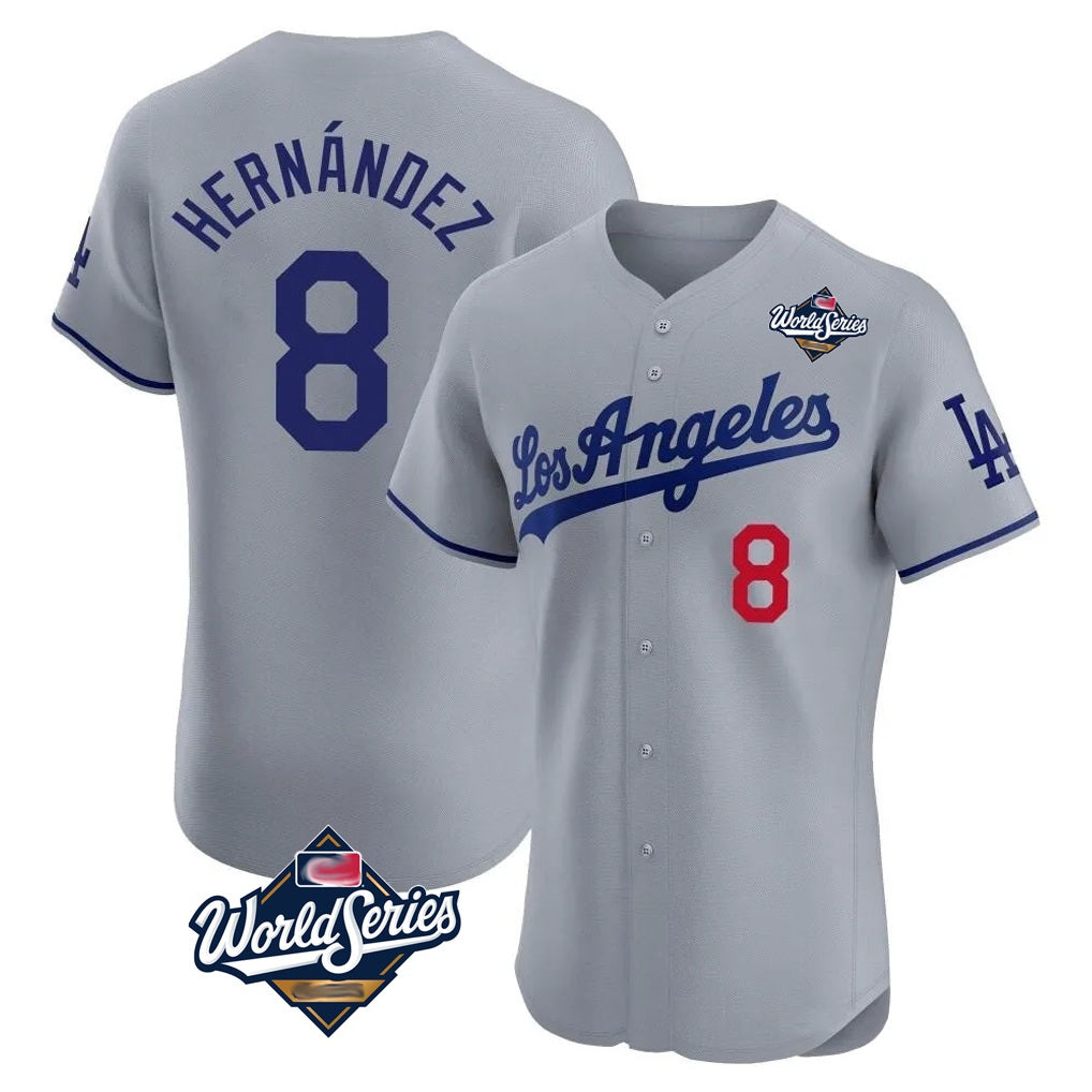 Los Angeles Dodgers #8 Enrique Hern¨¢ndez Player Gray AmberGomez World Series Limited Elite Home Stitched Jerseys