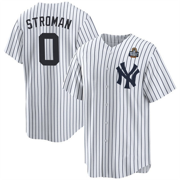 New York Yankees #0 Marcus Stroman White AmberGomez 2024 World Series With Name Cool Base Stitched Jersey