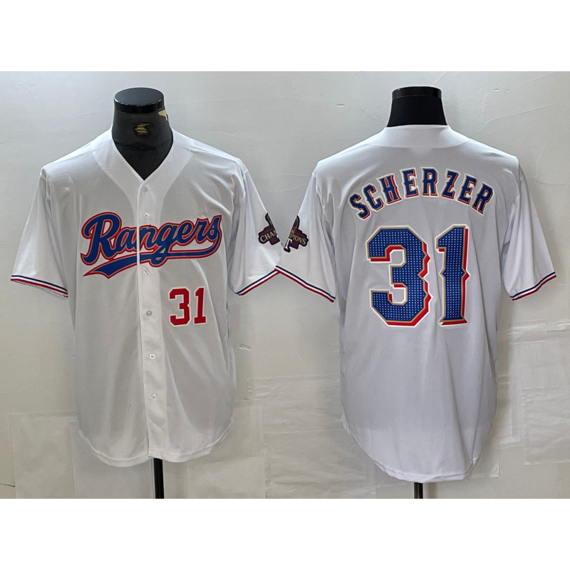 Texas Rangers #31 Max Scherzer Number White AmberGomez 2023 World Series Champions Cool Base Jersey 2