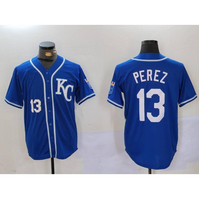 Kansas City Royals #13 Salvador Perez Number Blue AmberGomez KC Cool Base Stitched Jersey