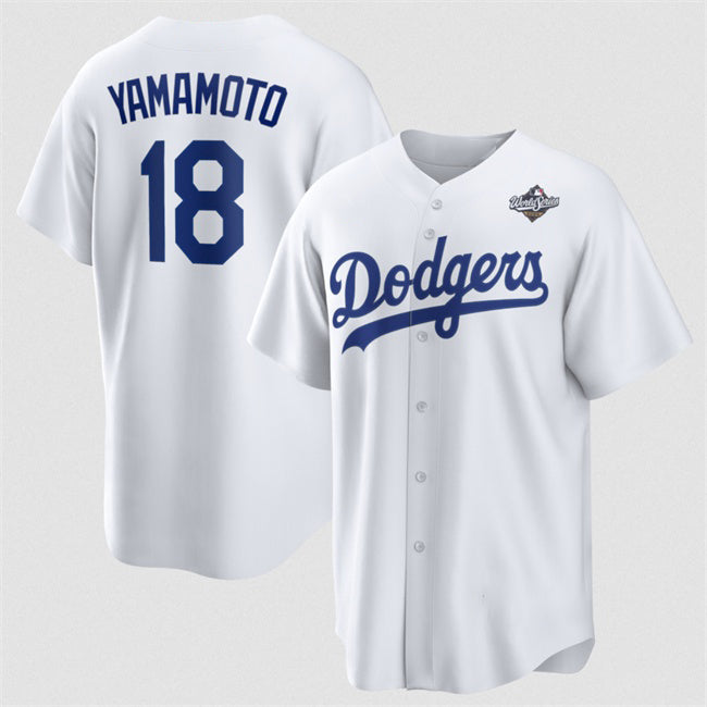 Los Angeles Dodgers #18 Yoshinobu Yamamoto White AmberGomez 2025 World Series Home Cool Base Stitched Jersey