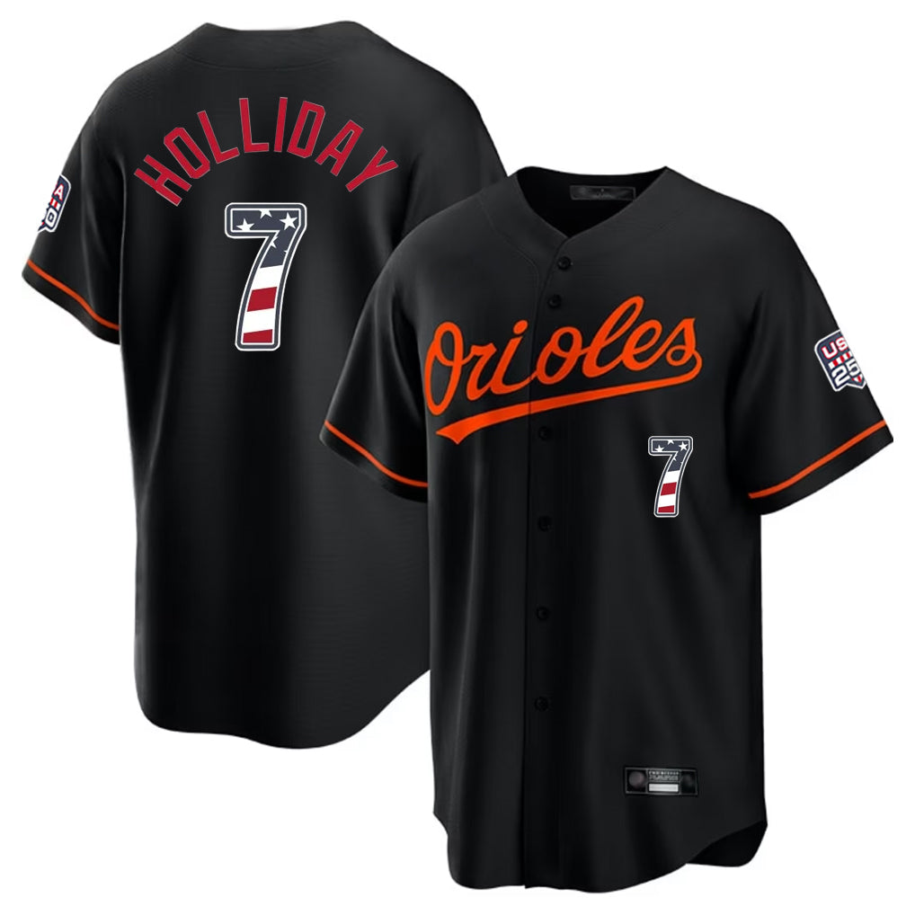 Baltimore Orioles #7 Jackson Holliday Player Black AmberGomez USA 250 Fourth of July Home Game Stitched Jerseys