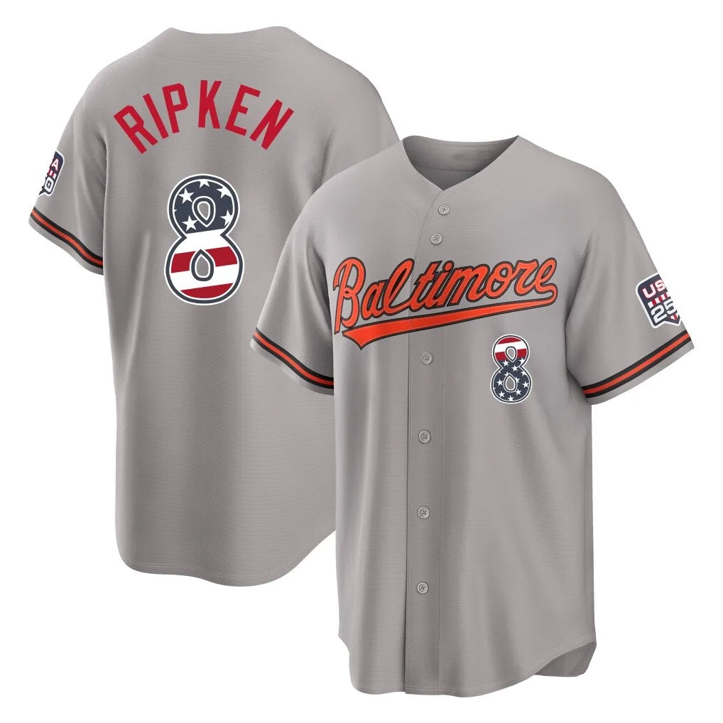 Baltimore Orioles #8 Cal Ripken Player Gray AmberGomez USA 250 Fourth of July Home Game Stitched Jerseys