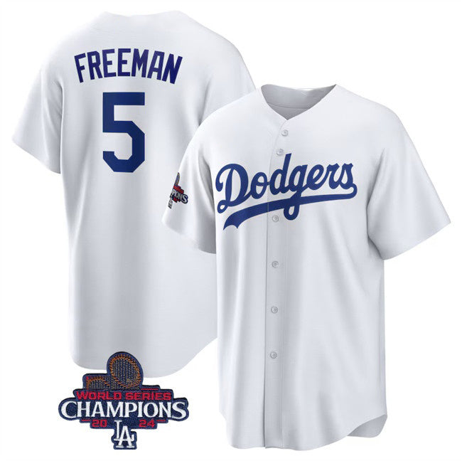 Los Angeles Dodgers #5 Freddie Freeman White AmberGomez 2024 World Series Champions Cool Base Stitched Jersey