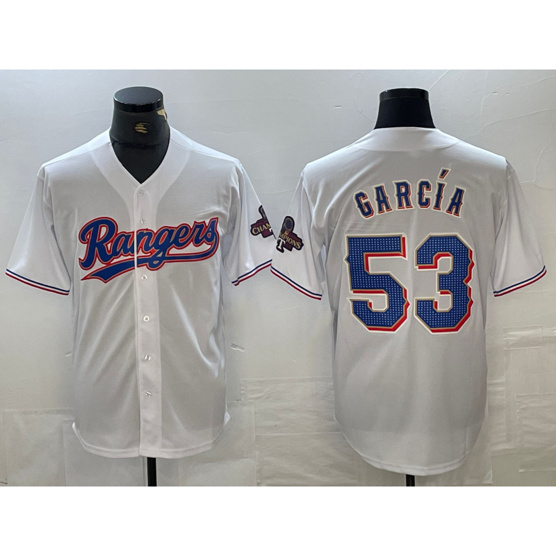 Texas Rangers #53 Adolis Garcia White AmberGomez 2023 World Series Champions Cool Base Jersey