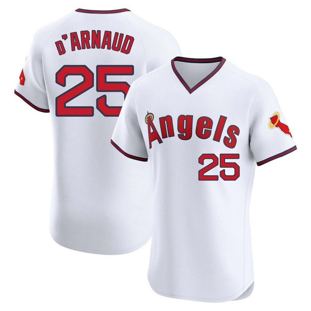 Los Angeles Angels #25 Travis d'Arnaud Player White AmberGomez T-shirt Home Limited Elite Stitched Jerseys