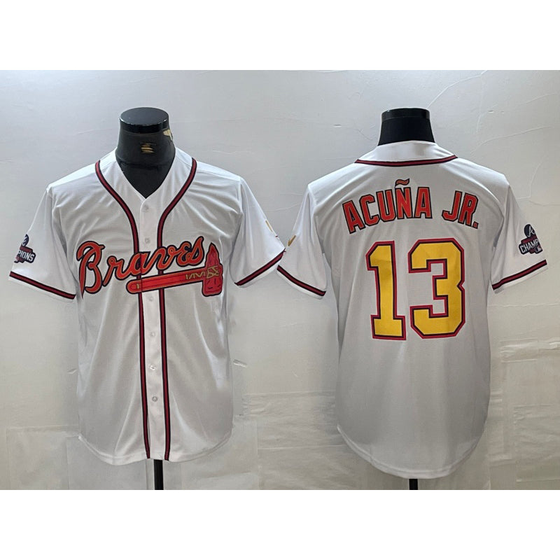 Atlanta Braves #13 Ronald Acuna Jr White Gold AmberGomez 2021 World Series Champions Stitched Cool Base Jersey