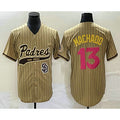 San Diego Padres #13 Manny Machado Tan AmberGomez Pinstripe 2023 City Connect Cool Base Stitched Jersey