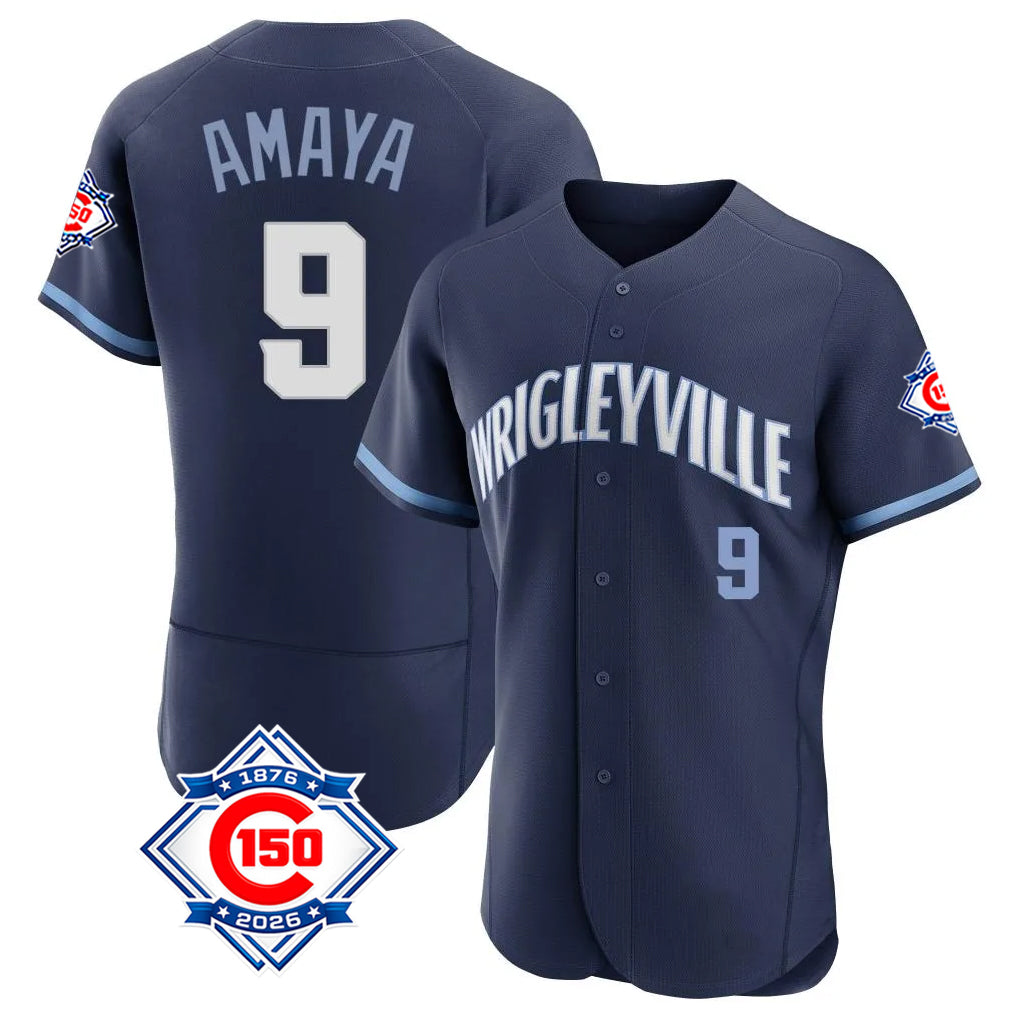 Chicago Cubs #9 Miguel Amaya Player Navy AmberGomez City Connect 150th Anniversary Limited Elite Home Stitched Jerseys