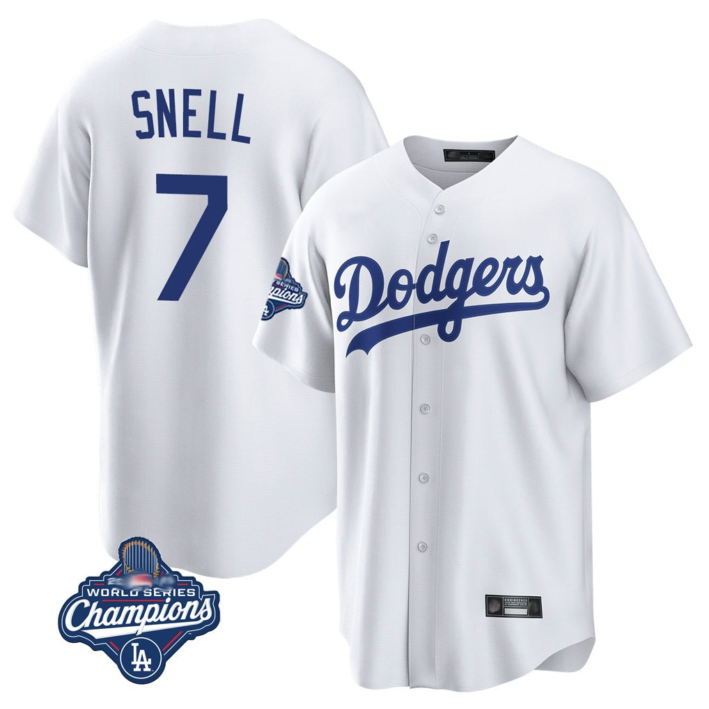 Los Angeles Dodgers #7 Blake Snell Player White AmberGomez Game World Series Meet Stitched Jerseys