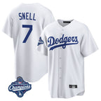 Los Angeles Dodgers #7 Blake Snell Player White AmberGomez Game World Series Meet Stitched Jerseys