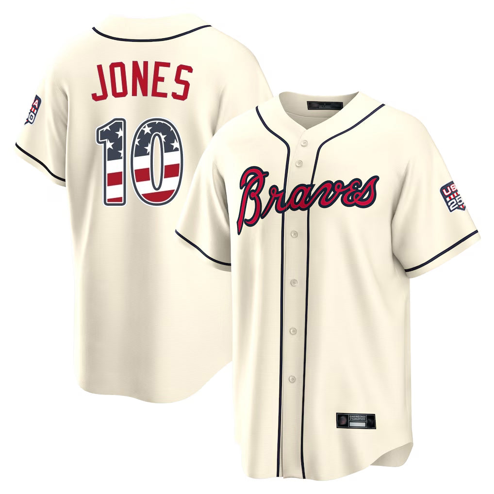 Atlanta Braves #10 Chipper Jones Player Cream AmberGomez USA 250 Fourth Of July Limited Home Game Stitched Jerseys