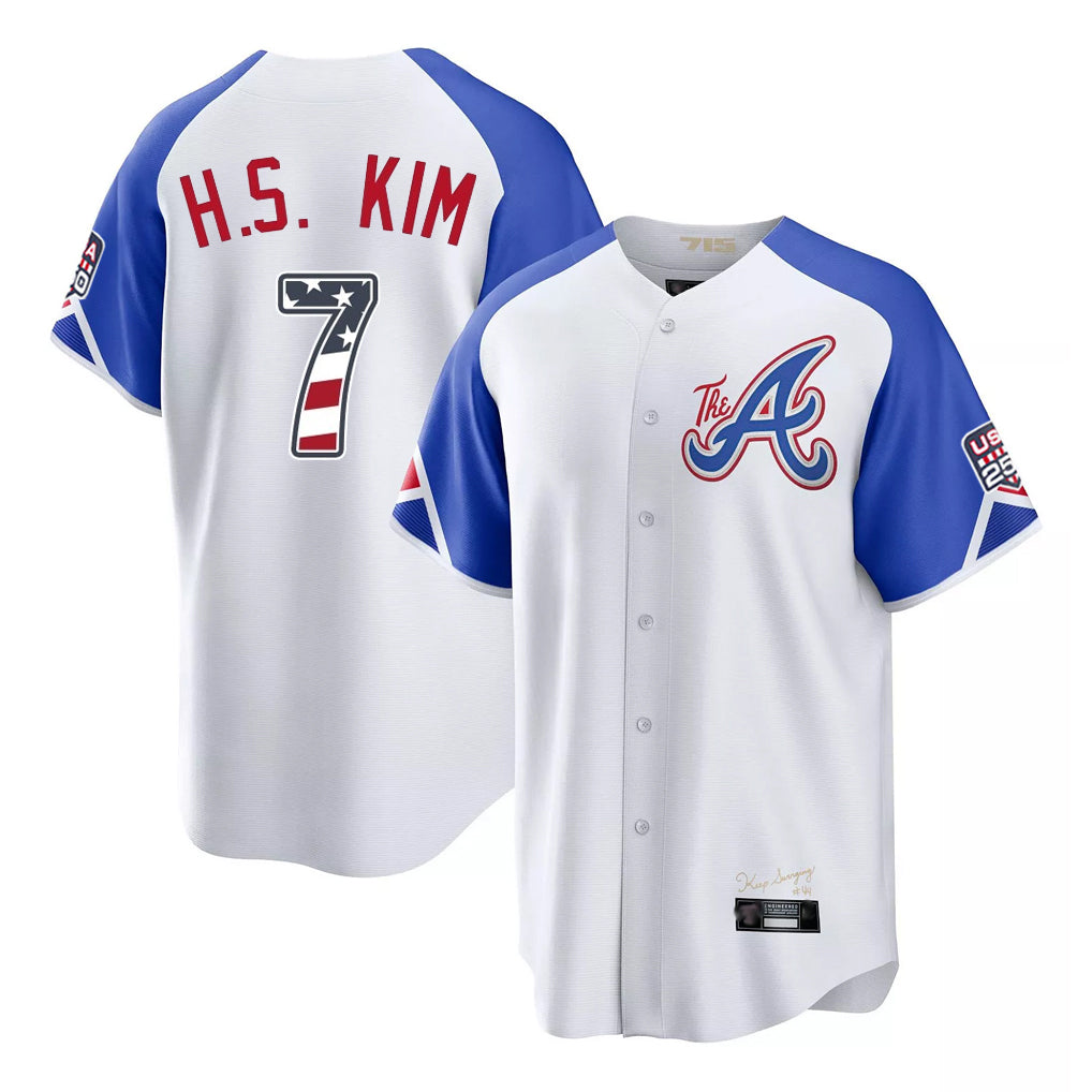 Atlanta Braves #7 Ha-Seong Kim Player White AmberGomez USA 250 Fourth Of July City Connect Home Game Stitched Jerseys