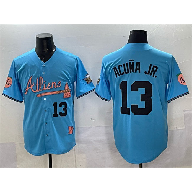 Atlanta Braves #13 Ronald Acuna Jr. Blue AmberGomez 2024 Atliens & Peach With Outkast Patch Vapor Limited Stitched Jersey