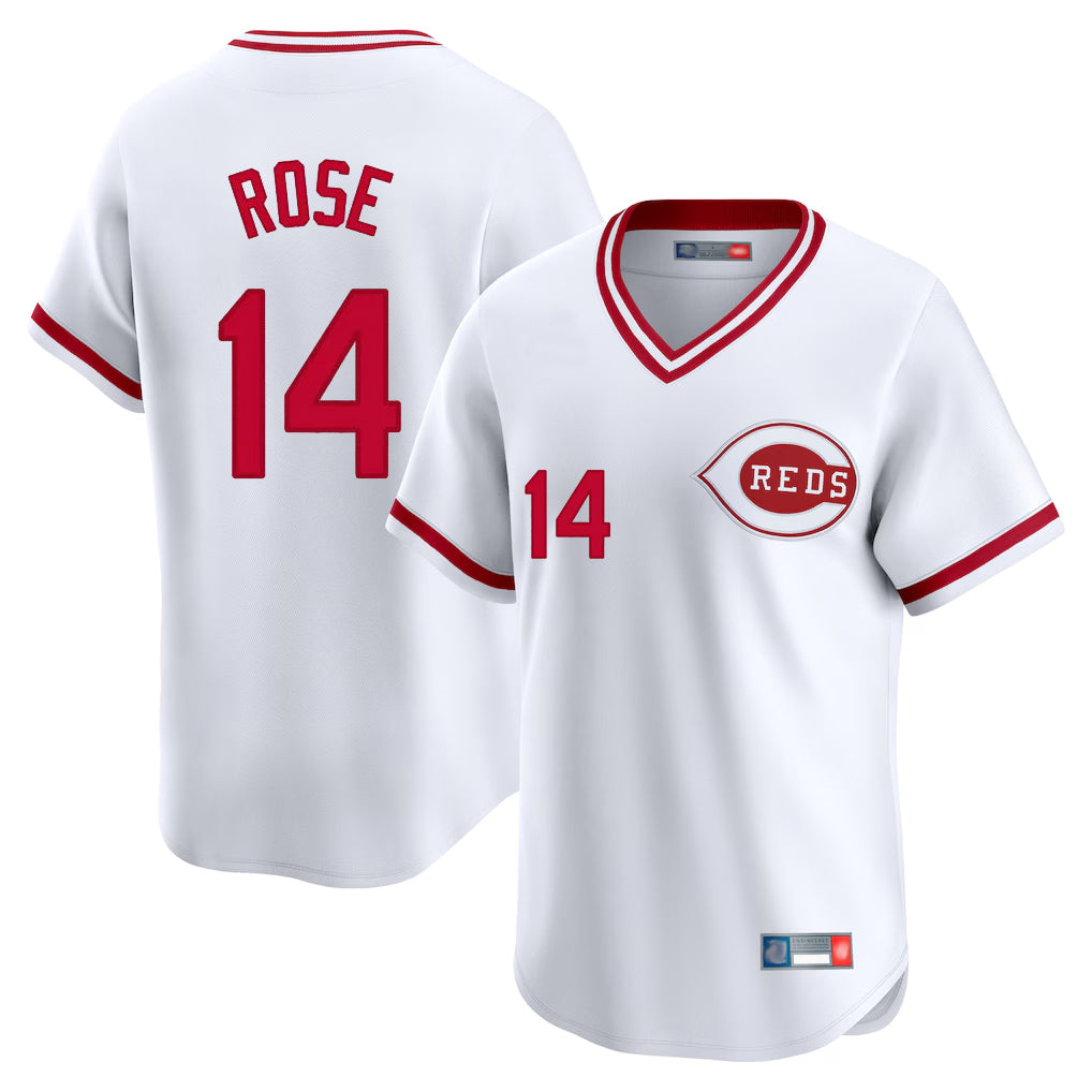 Cincinnati Reds #14 Pete Rose Player White AmberGomez Cooperstown Collection Limited T-shirt Home Stitched Jerseys