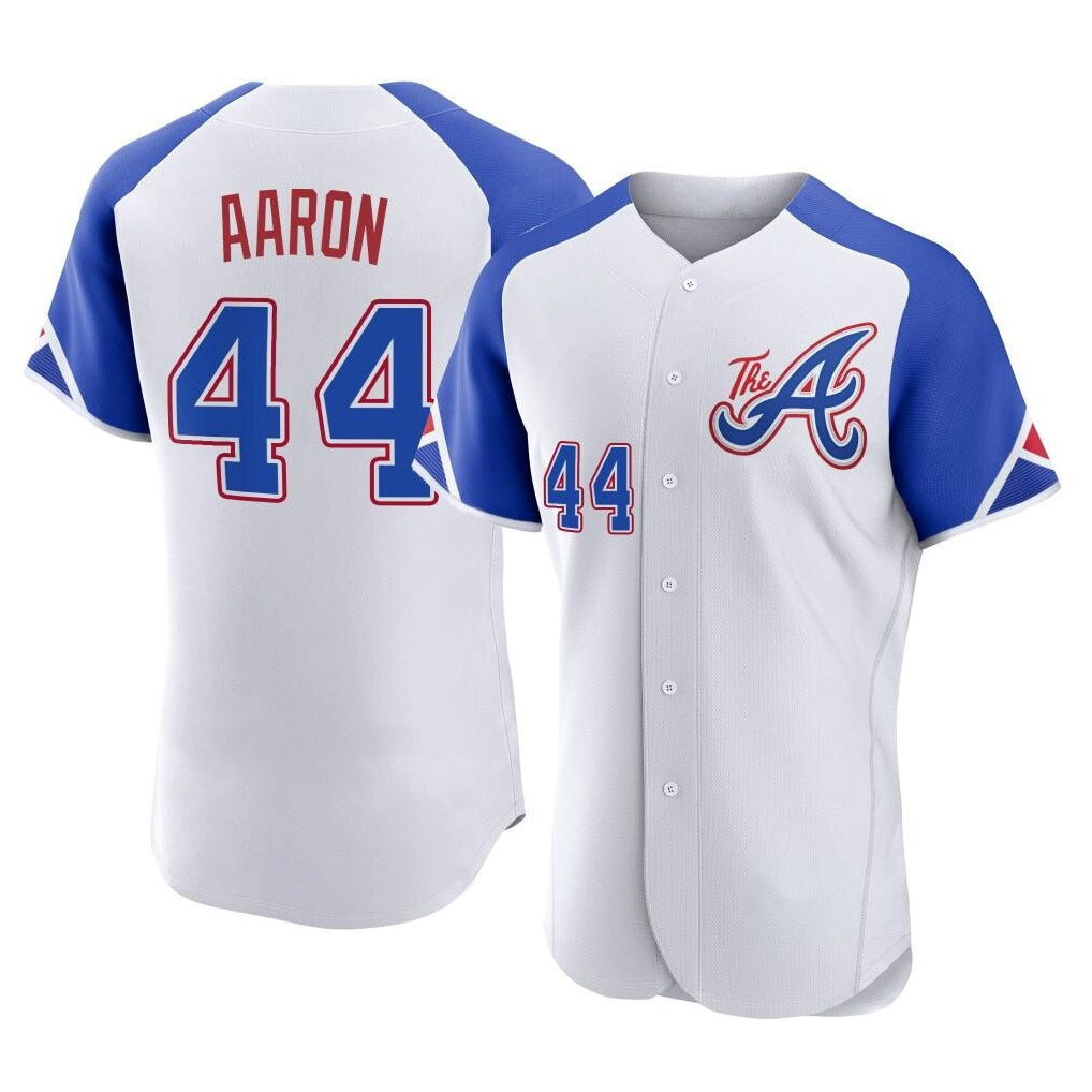 Atlanta Braves #44 Hank Aaron Player White AmberGomez City Connect Limited Elite Home Game Stitched Jerseys